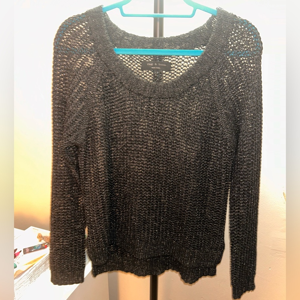 Rag & Bone | Womens Black Shimmer Crochet Chunky Ribbed Crewneck Sweater Size S
